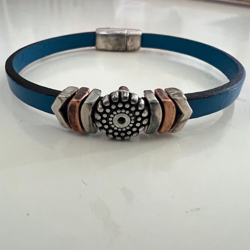 Cindy Shafer Bracelet Silver and Brass Embellishments on a Blue Leather Strap